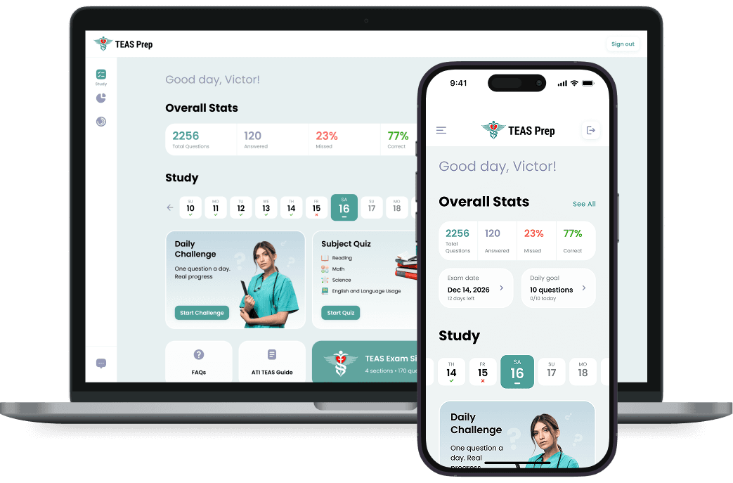 TEAS app on laptop, tablet and phone
