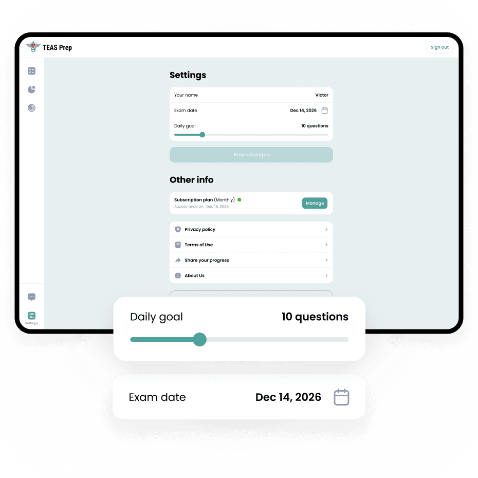 Daily goals and exam date settings for TEAS preparation