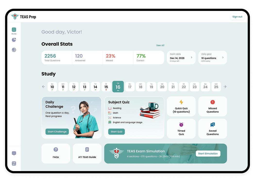Dashboard with exam progress and daily goals